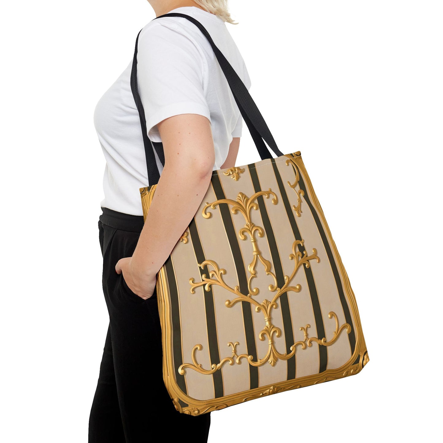 Elegant Gold Pattern Tote Bag - Stylish Carryall for Everyday Use, Eco-Friendly Shopping, Gift for Her - Beige Striped Gold Rococo
