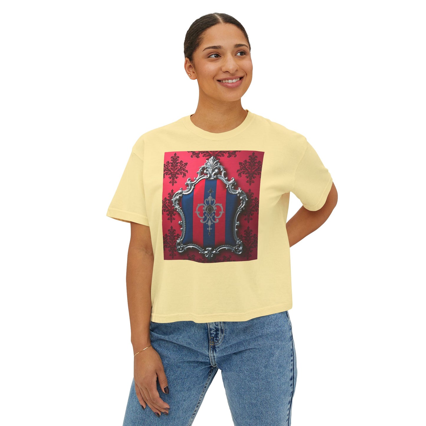 Vintage-Inspired Women's Boxy Tee, Retro Graphic Top, Casual Summer Shirt, Trendy Fashion Tee, Gift for Her - Blue & Red Striped Silver Crest