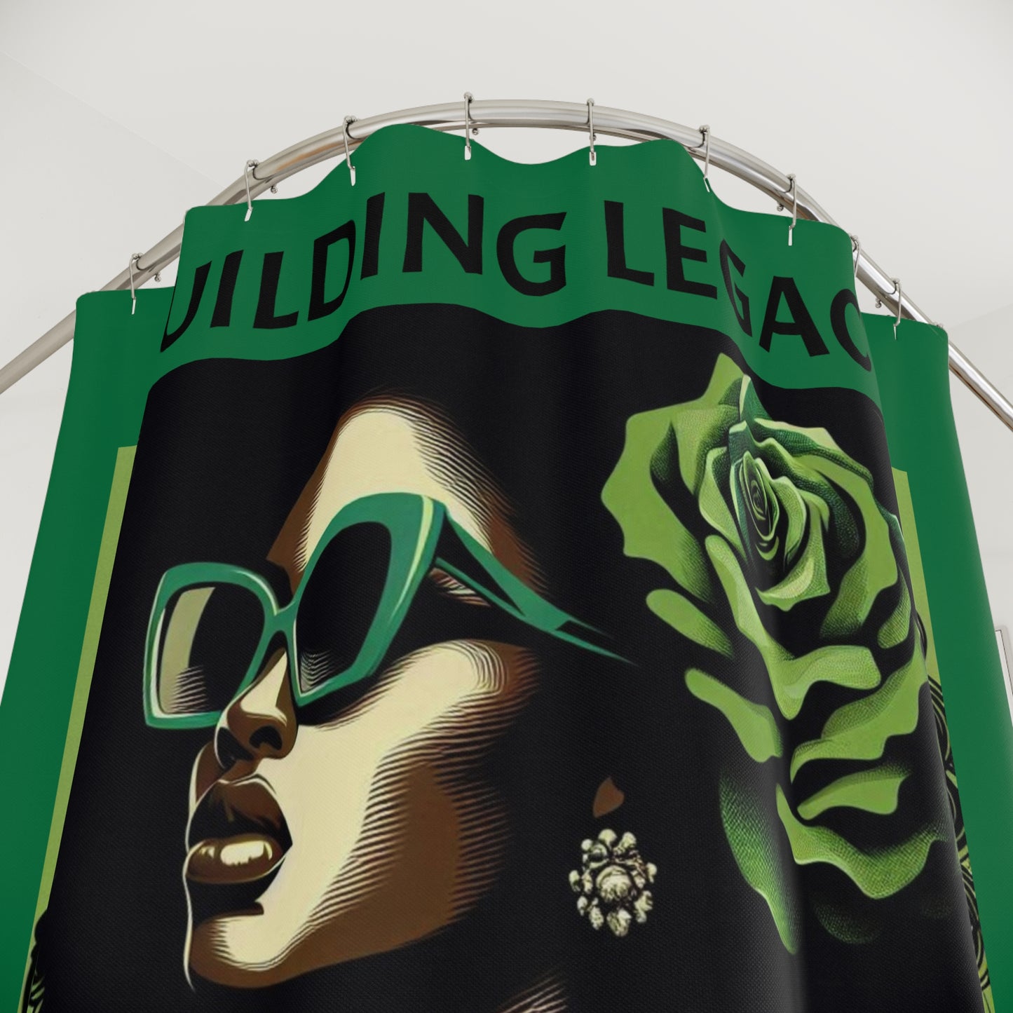 Chic Afro Woman Shower Curtain - Vibrant Bathroom Decor, Boho Home, Unique Gift for Her, Green Floral Design, Modern Art - Building Legacy