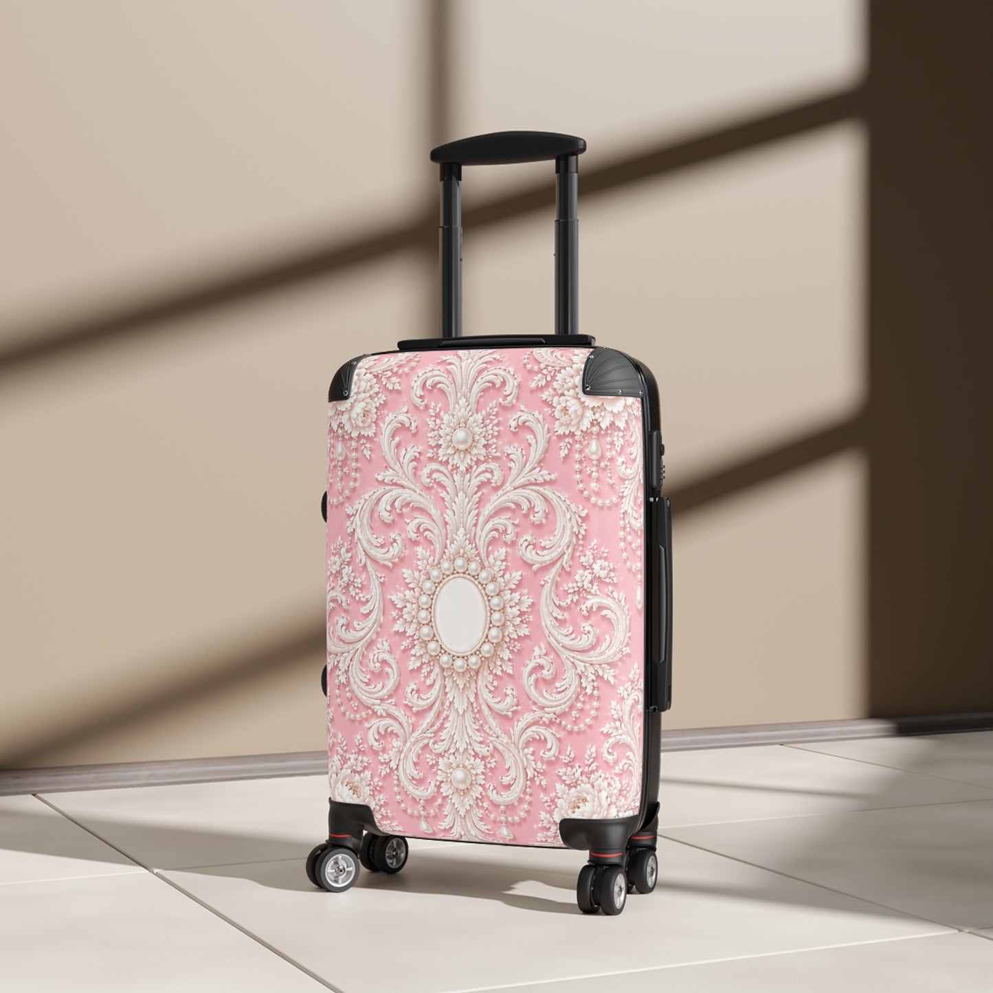 Pink Rococo Suitcase – Vintage Pearl Ornate Travel Luggage