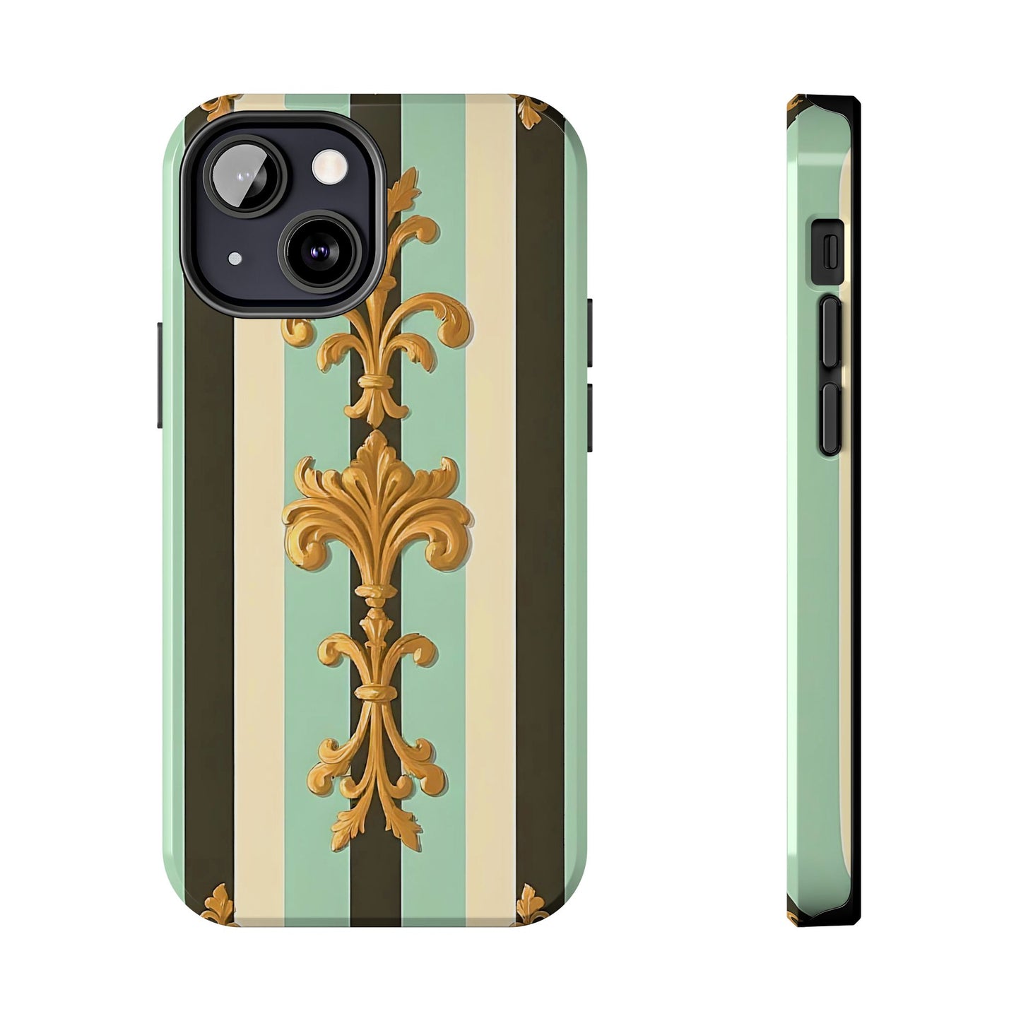 Elegant Floral Tough Phone Cases - Stylish Protection for All Occasions, Gifts for Her, Phone Covers - Black & Matte Mint Striped Rococo