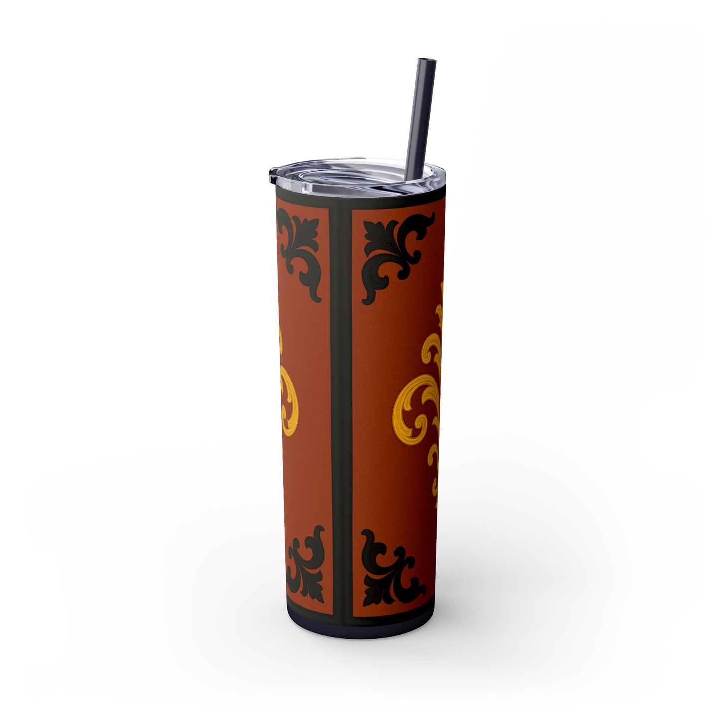 Dusk Terracotta Baroque 20oz Skinny Tumbler with Straw — Vintage Gold Baroque Design