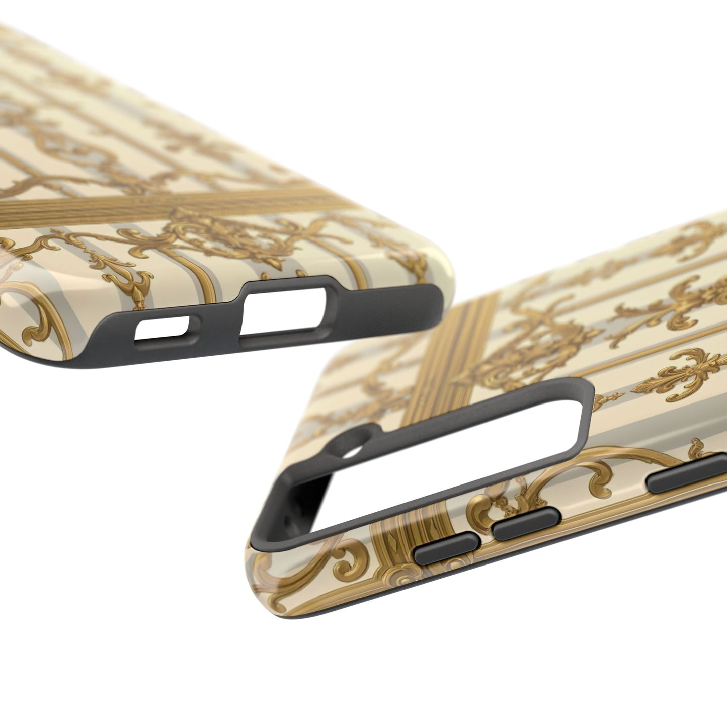 Elegant Gold Pattern Tough Phone Cases | Stylish Phone Covers, Trendy Cell Phone Accessories - Matte Gray & Cream Striped Gold Baroque