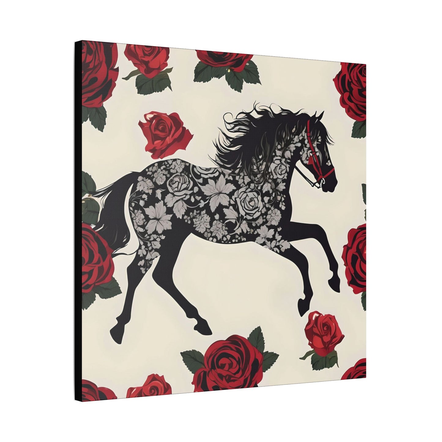 Art Print Canvas, Wall Decor, Satin Stretched Canvas, Equestrian Art, Office Decor, Home Decor - Horse & Roses