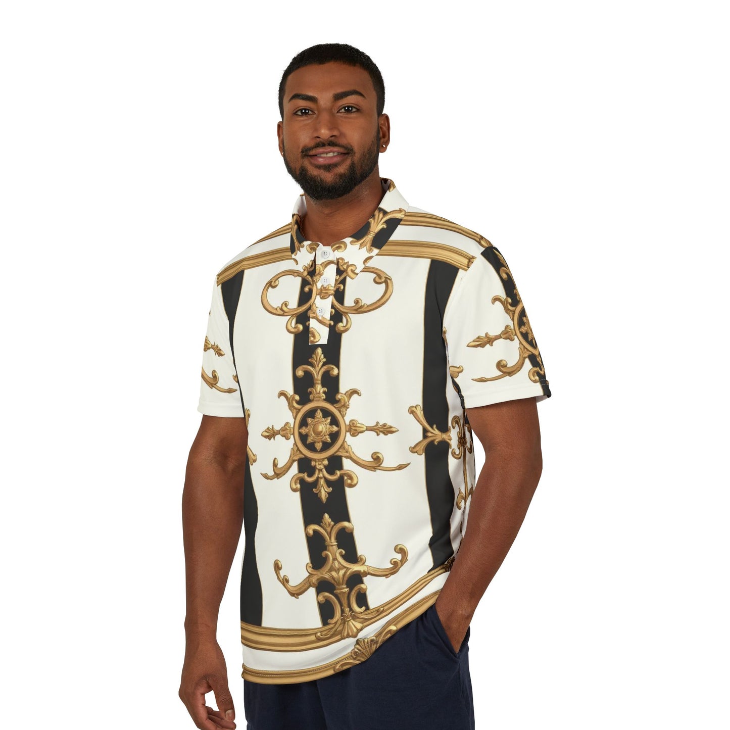 Elegant Unisex Polo Shirt | Fashion Tee | Stylish Summer Wear | Casual Chic | Unique Gift | Versatile Outfit - Black & White Striped Gold Baroque