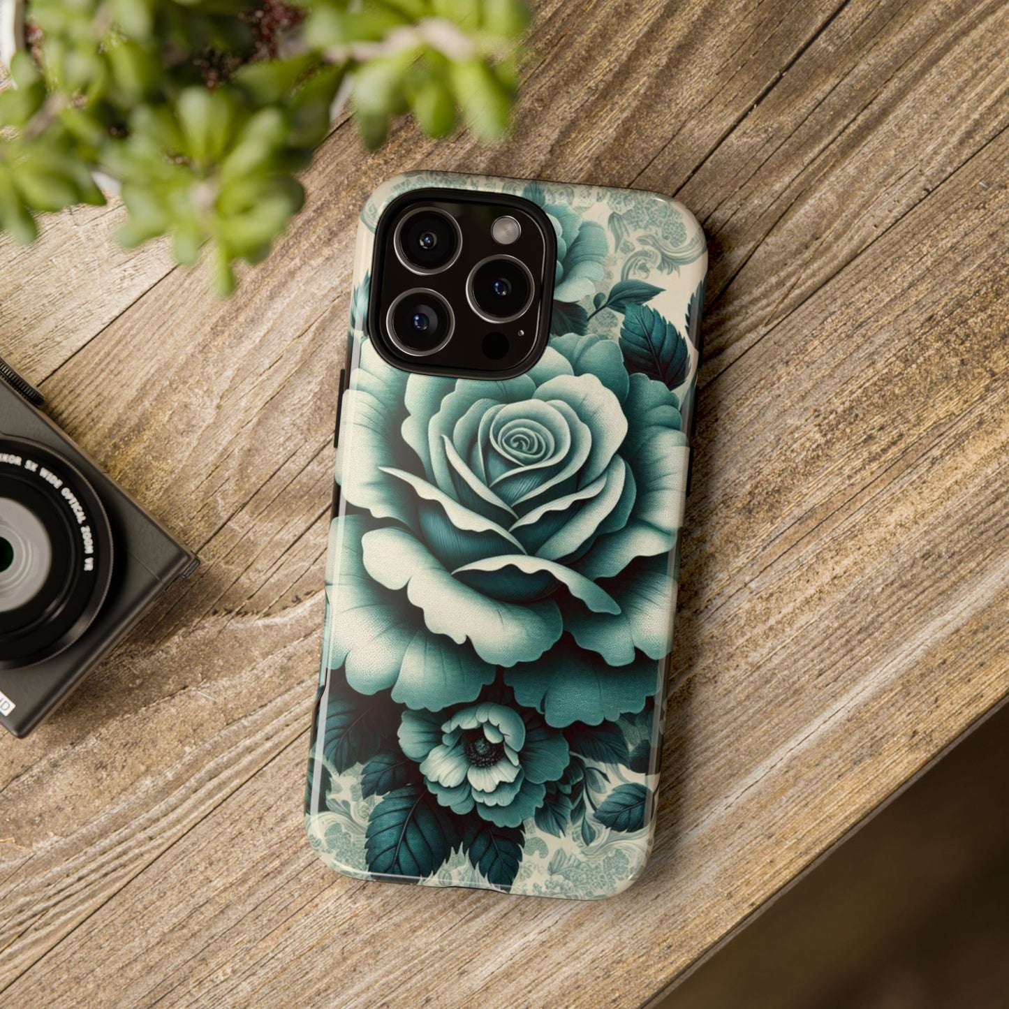 Elegant Floral Motif Phone Case - Tough Cases with Vintage Design - Teal Roses & Damask