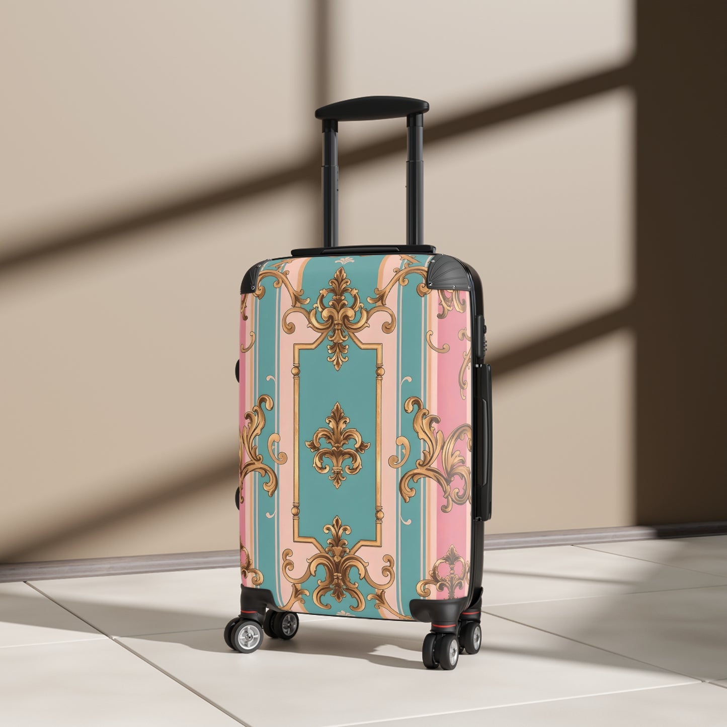 Chic Travel Suitcase - Stylish Carry-On Luggage for Jetsetters, Vacation Days, Weekend Getaways - Pink & Matte Turquoise Striped Rococo