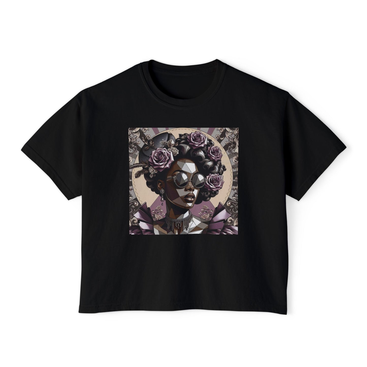 Afro Art Women's Boxy Tee, Casual Summer Fashion, Poly Art Style Top, Gifts for Her, Festival Wear - Lilac Baroque Lady