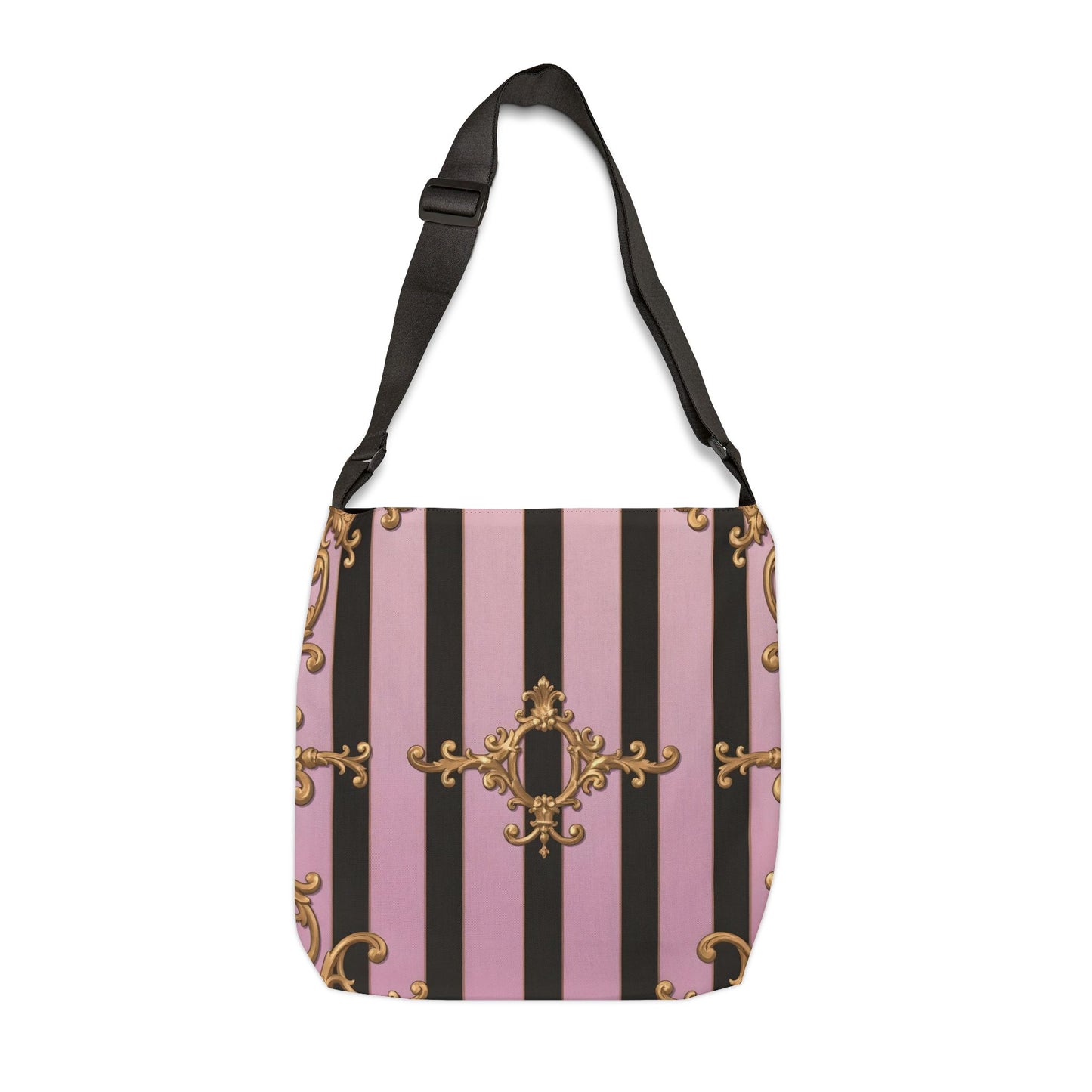 Chic Adjustable Tote Bag, Stylish Crossbody Bag for Daily Use, Elegant Pink Striped Bag - Matte Lavender & Black Striped Gold Baroque