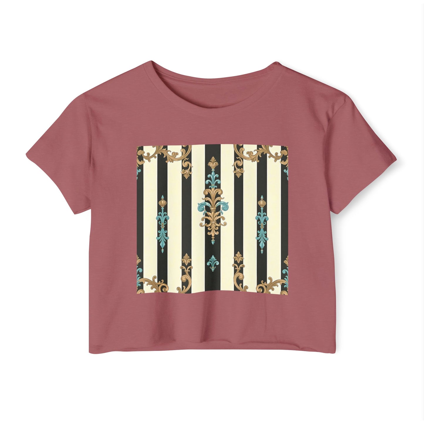 Bohemian Festival Crop Top, Stylish Summer Tee, Casual Day Out Shirt, Trendy Women’s Apparel - Black Striped Turquoise & Black Rococo