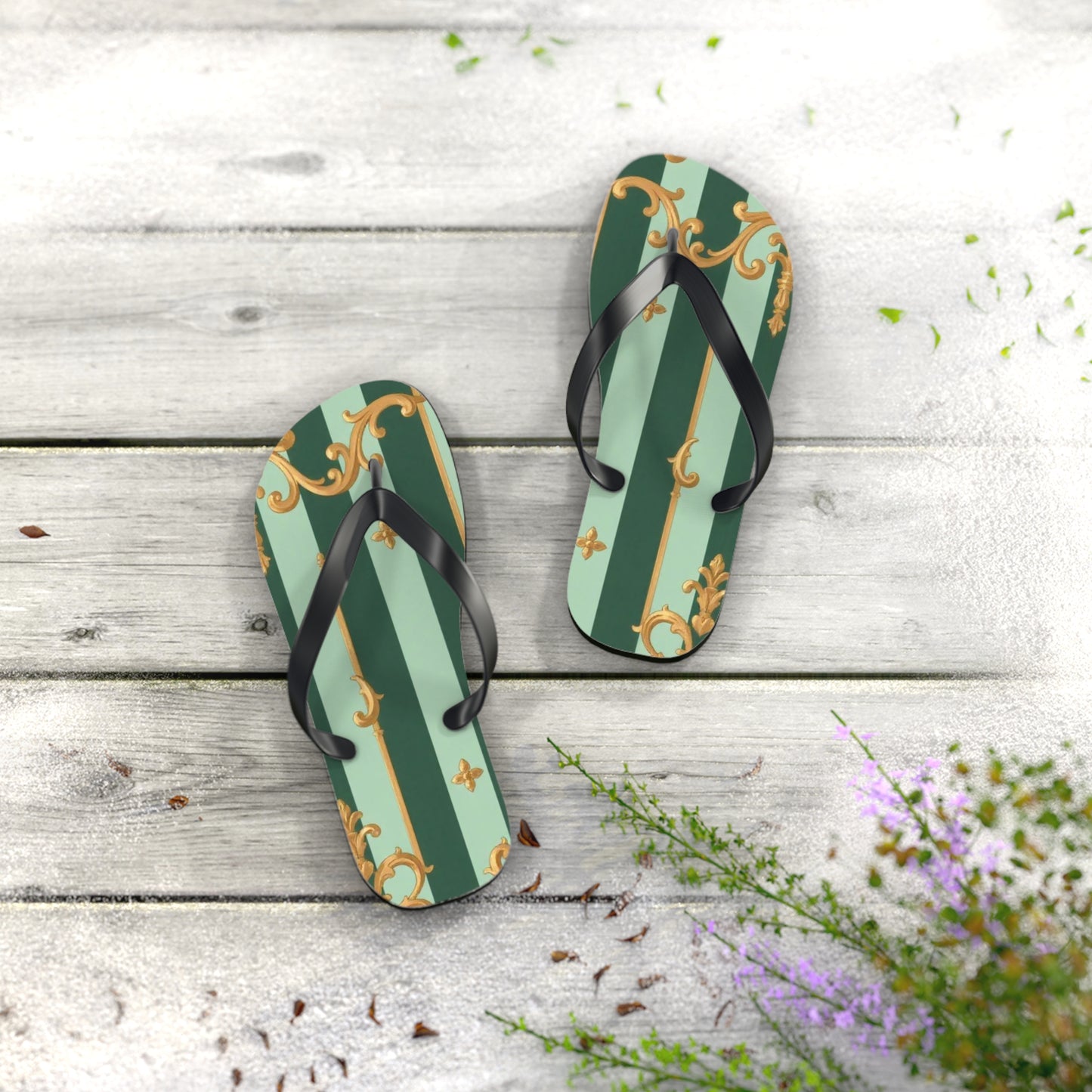 Elegant Patterned Flip Flops for Summer Fun, Beach Sandals, Casual Footwear, Vacation Essentials - Mint Green & Teal Striped Gold Baroque