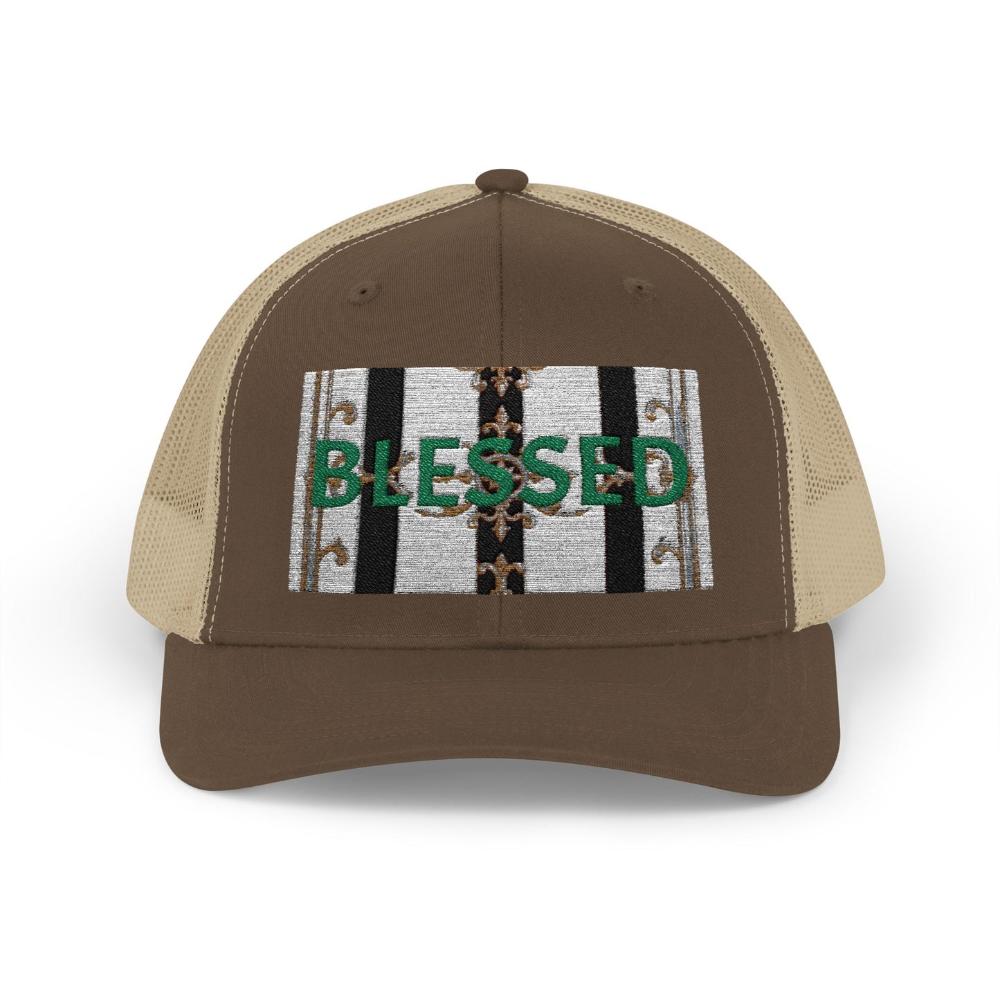 Blessed Snapback Trucker Cap | Casual Style, Outdoor Gear, Faith-Based Gift, Adjustable Hat, Everyday Fashion - Black & White Striped Gold Baroque