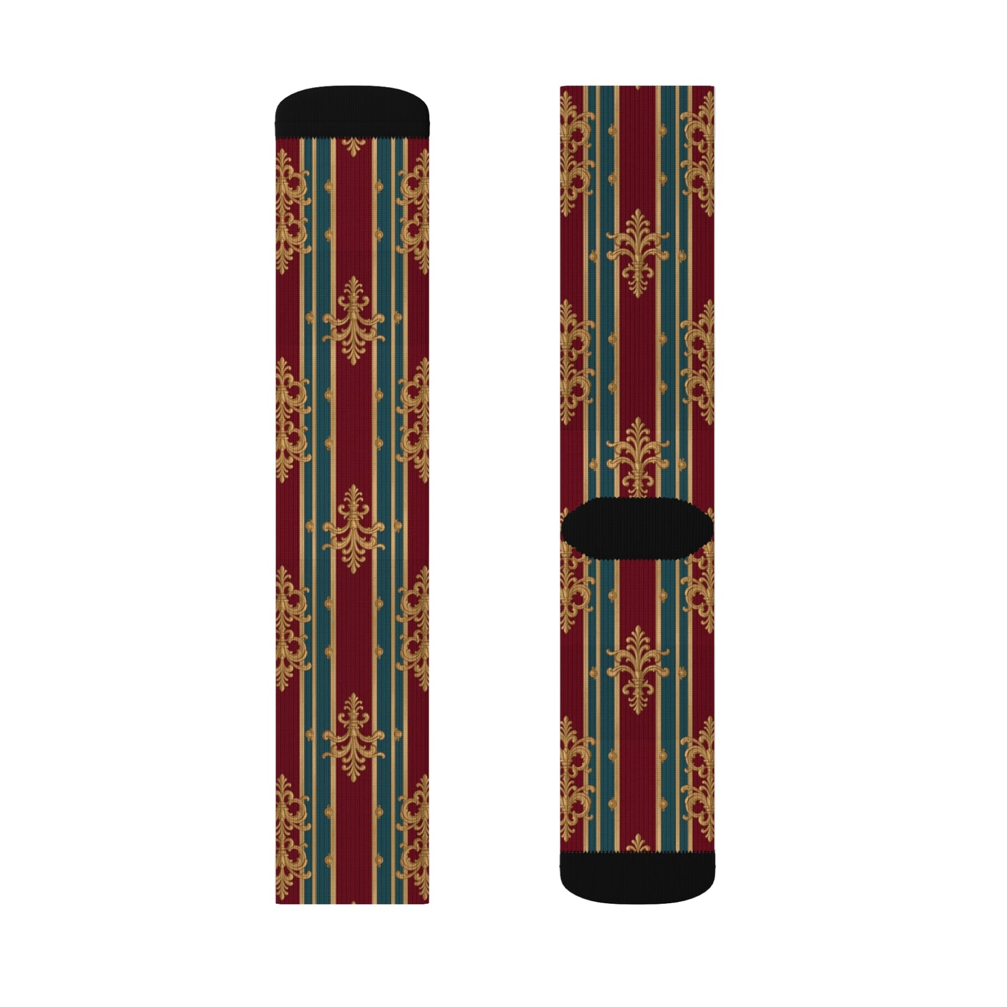 Elegant Unisex Patterned Sublimation Socks, Stylish Dress Socks, Unique Gift, Cozy Fashion Accessory - Burgundy Striped Gold Baroque
