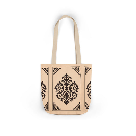 Almond-Beige & Brown Baroque Canvas Tote Bag — Elegant Vintage Pattern Beach & Market Bag
