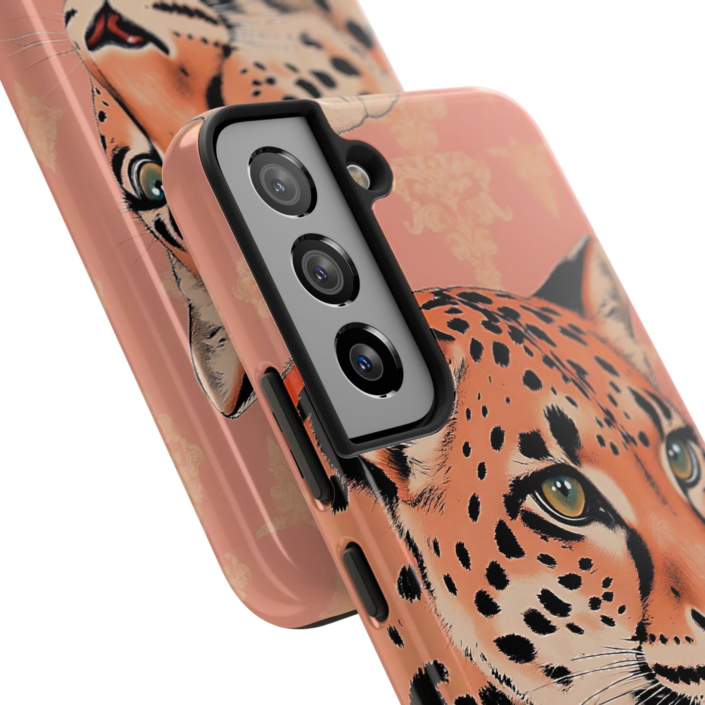Leopard Tough Phone Case - Trendy Floral Motif Design for Animal Lovers - Peach Leopard & Damask