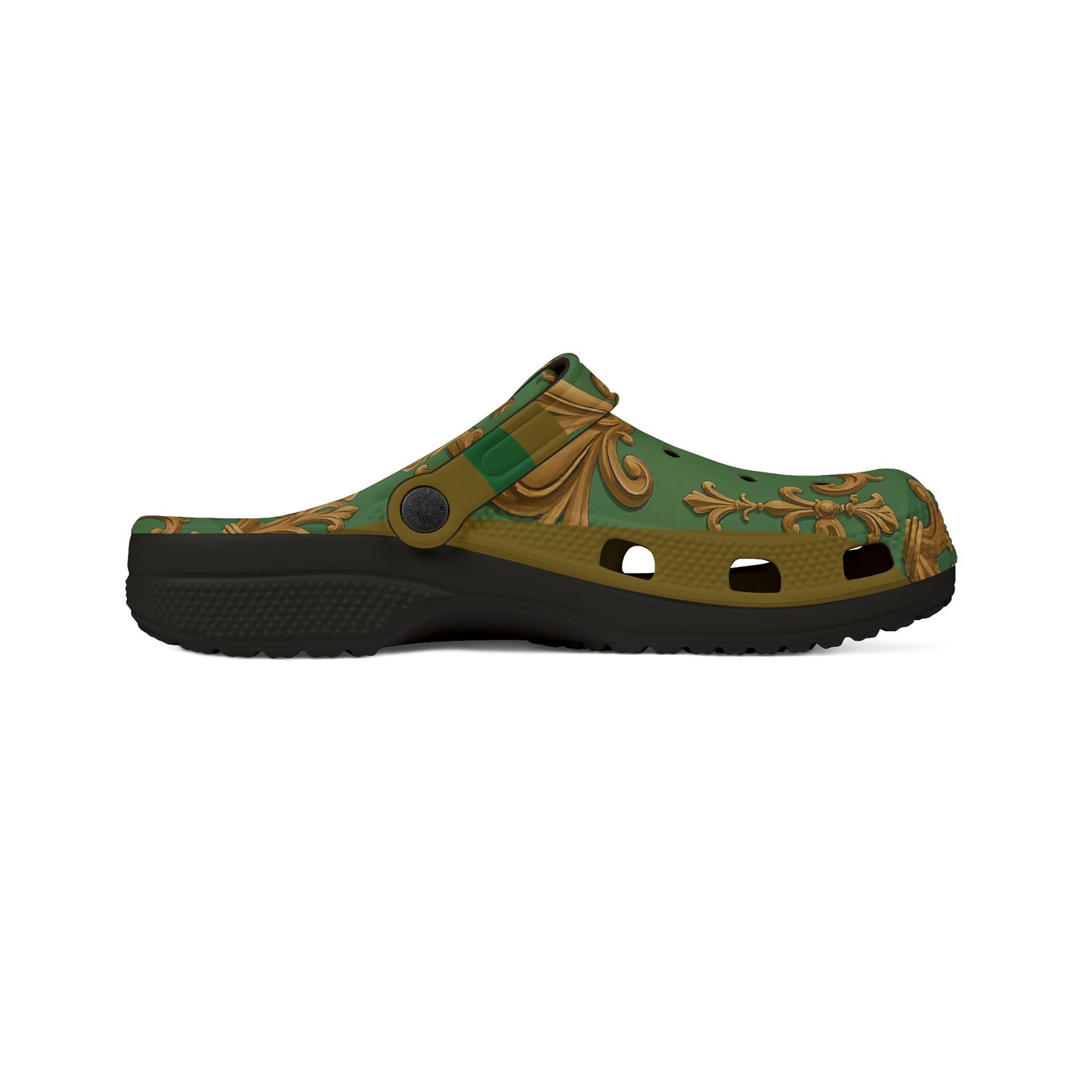 Elegant Green Patterned EVA Foam Clogs, Stylish Footwear, Comfortable House Shoes, Garden Mules - Olive Green Striped Rococo