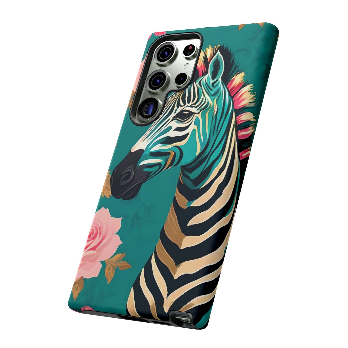 Phone Case - Elegant Teal & Gold Zebra & Roses Design