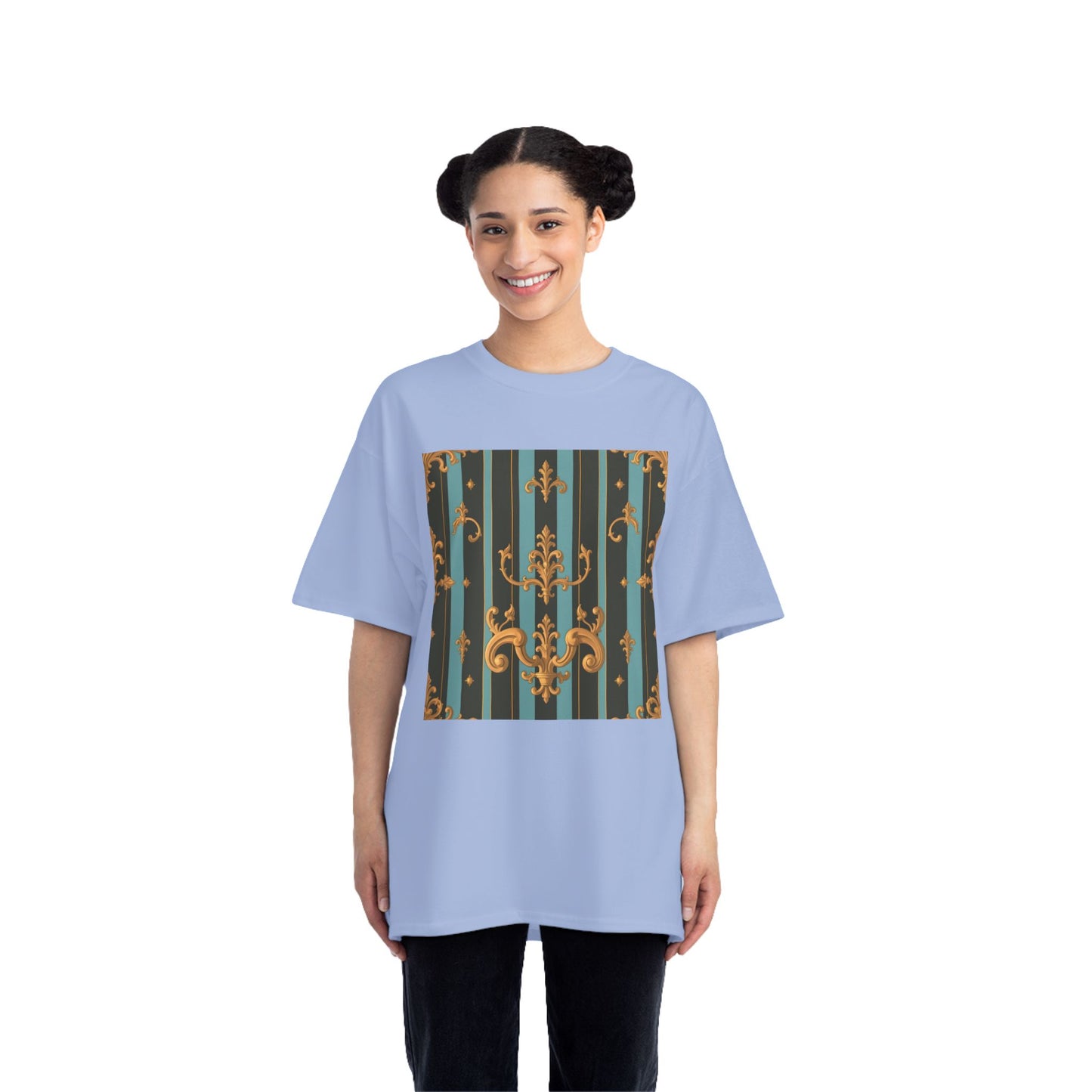 Elegant Vintage Pattern T-Shirt, Stylish Tee for Everyday Wear, Retro Design Shirt, Perfect Gift for Art Lovers - Black & Turquoise Striped Baroque