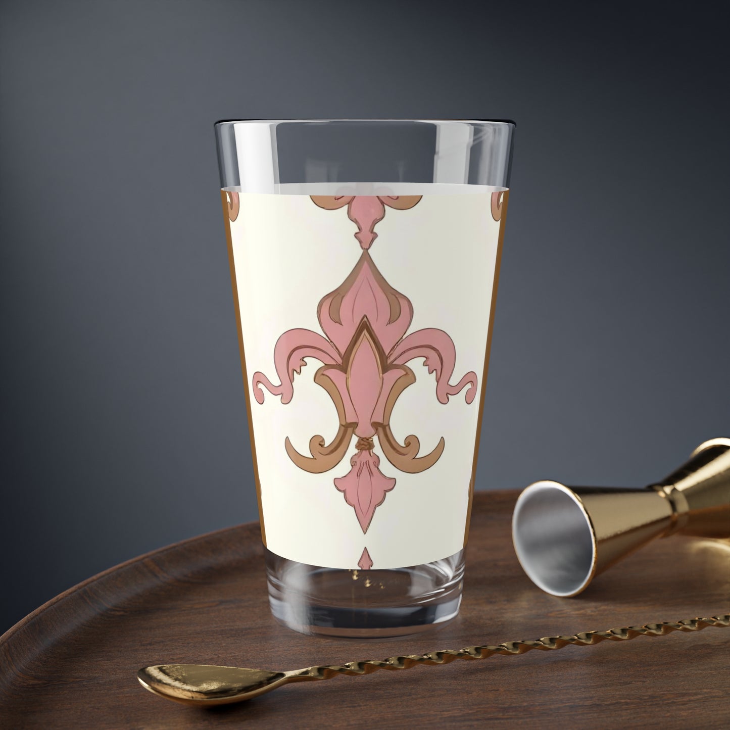 Elegant Floral Mixing Glass - Perfect for Cocktails, Outdoor Gatherings, Home Bars, Gifts, Parties - Brown Striped Pink Arabesque