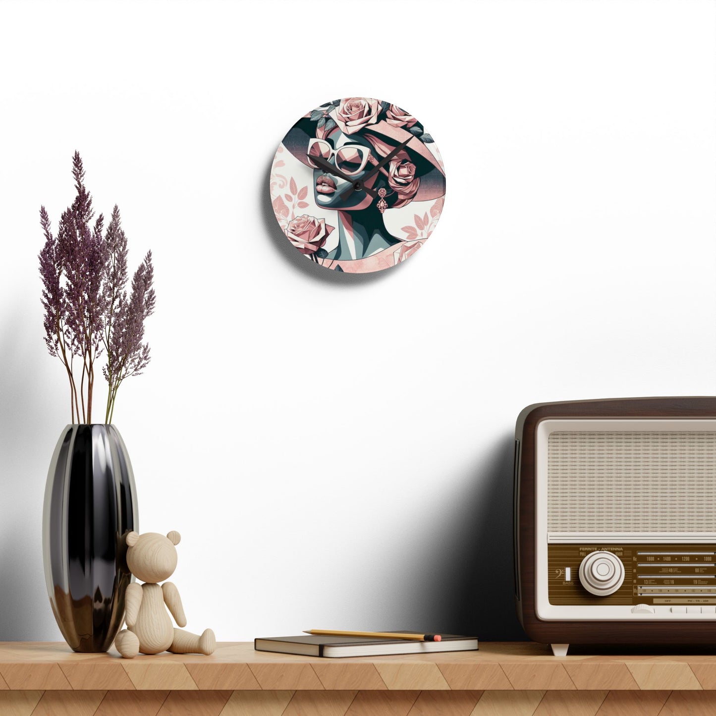 Elegant Floral Acrylic Wall Clock | Home Decor, Living Room Accent, Gift for Her, Art Clock, Modern Design - Pink & Matte Teal Lady