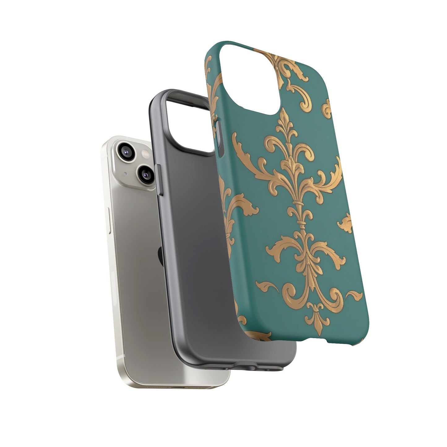 Elegant Floral Motif Phone Case - Tough Cases with Vintage Design - Aqua & Gold Damask
