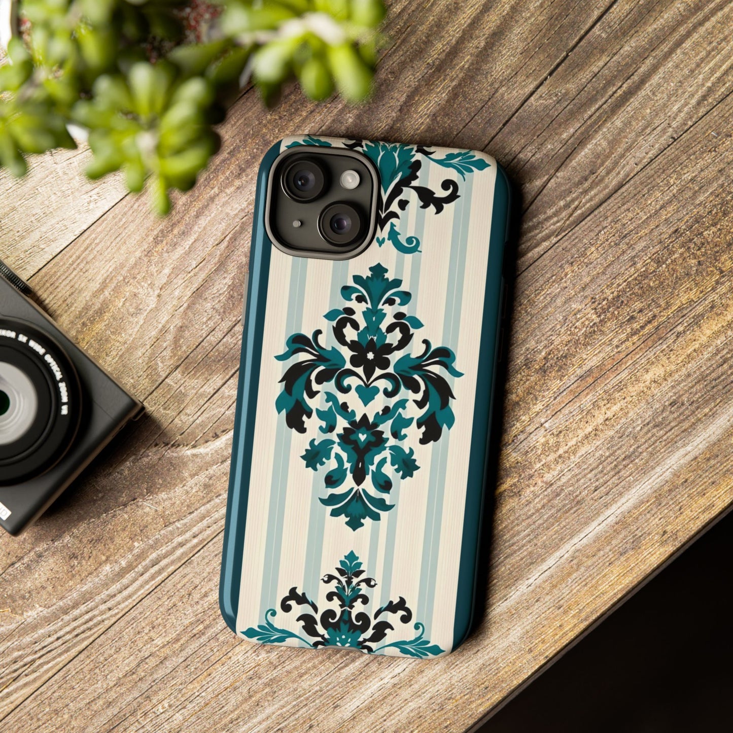 Elegant Floral Phone Case - Tough Cases with Vintage Design - Teal Striped Damask