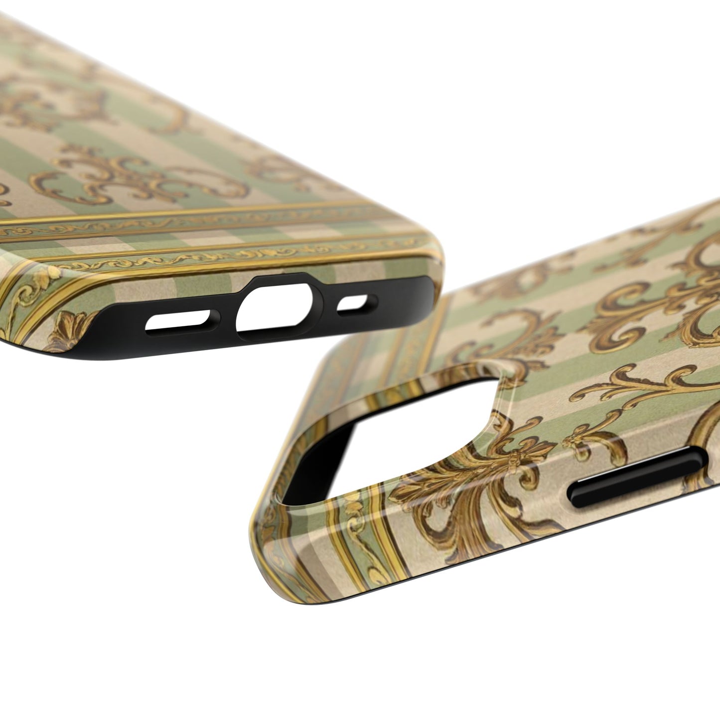 Vintage Elegance Phone Case, Tough Phone Cases for Style, Gift for Birthdays, Stylish Protection - Mint Green & Beige Striped Gold Baroque