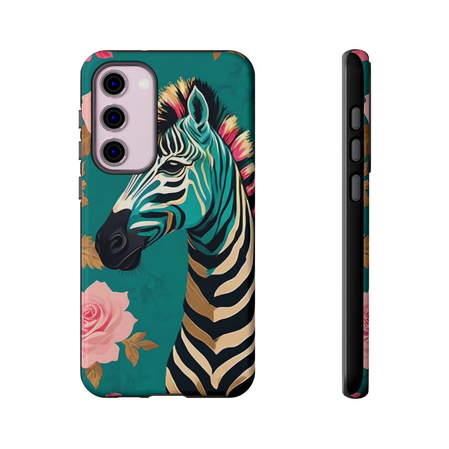 Phone Case - Elegant Teal & Gold Zebra & Roses Design