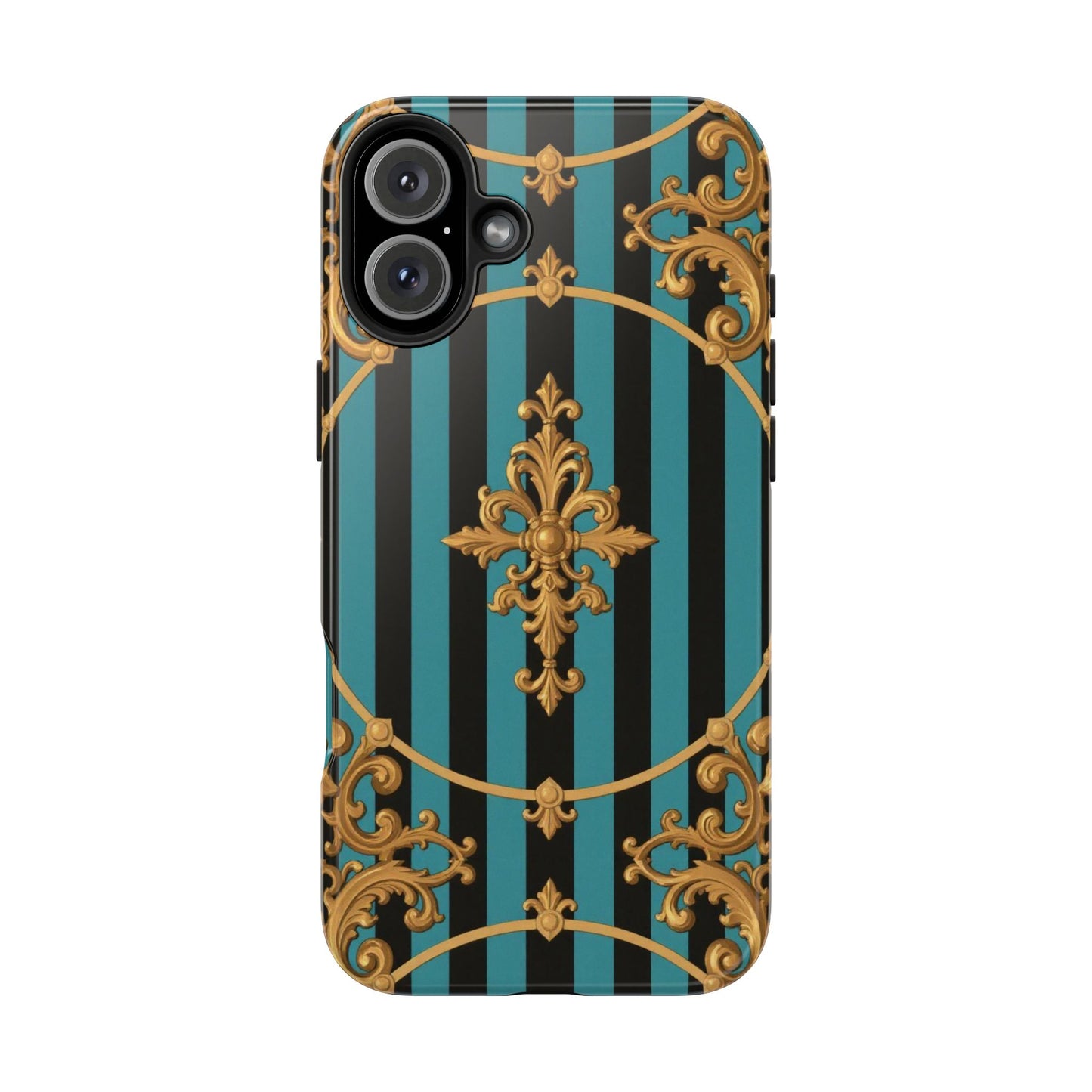 Elegant Turquoise & Black Striped Gold Baroque Phone Case, Tough Phone Cases for Fashion Lovers, Gift for Her, Luxury Accessories