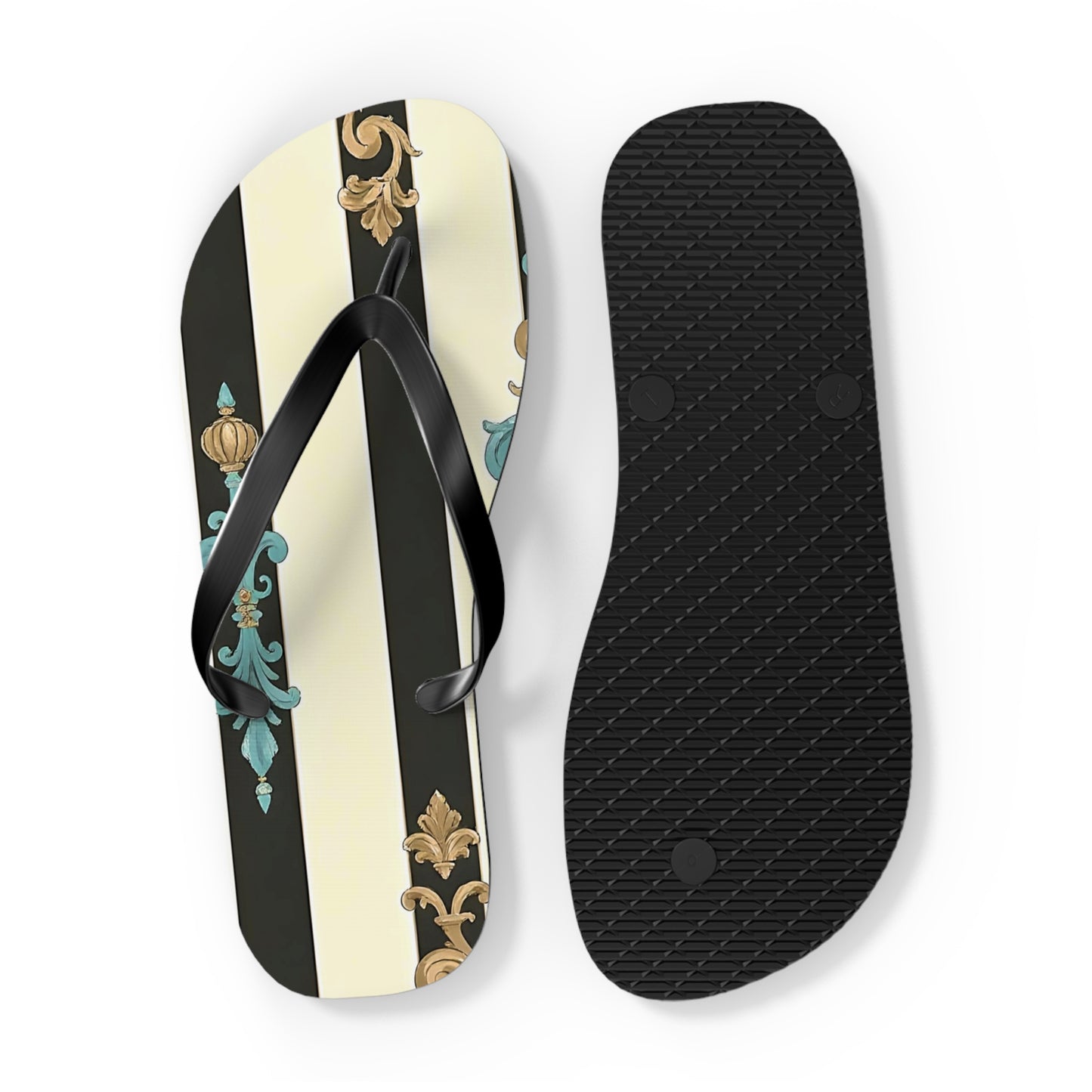 Stylish Flip Flops | Beach Sandals, Summer Footwear, Vacation Getaway, Casual Summer Style - Black Striped Turquoise & Black Rococo