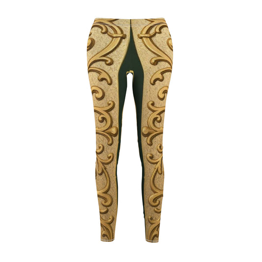 Elegant Teal Striped Gold Baroque  Women's Casual Leggings | Stylish Activewear, Fashion, Comfort, Lounge Wear, Gifts for Her