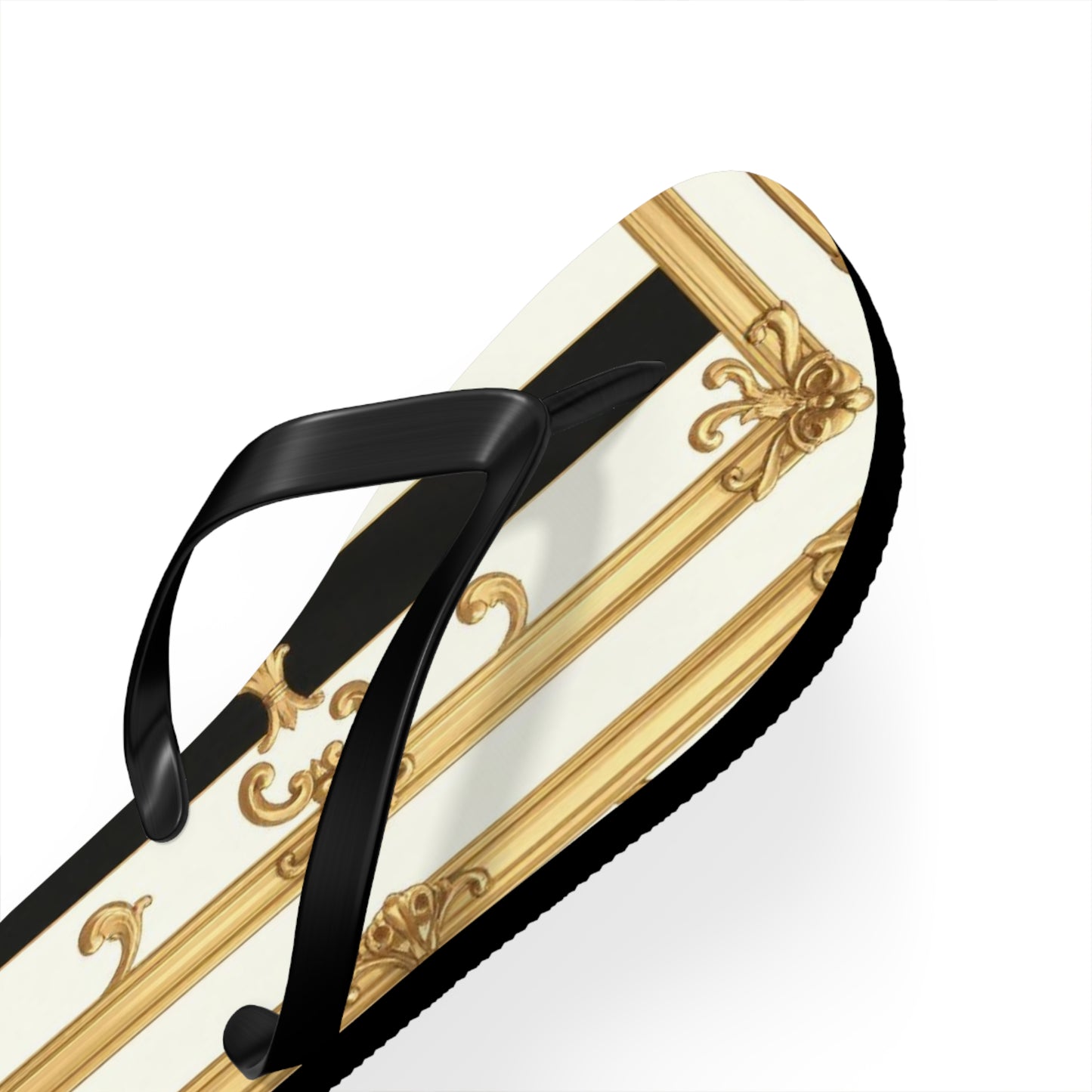 Chic Flip Flops with Elegant Design, Summer Sandals, Perfect Beach Footwear, Vacation Footwear - Black & White Striped Gold Baroque