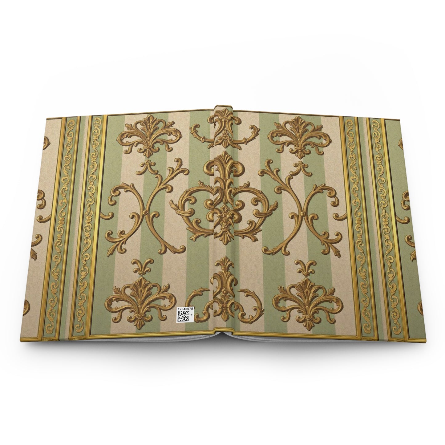 Elegant Vintage Hardcover Journal | Luxury Notebook for Writing, Gift for Writers, Journaling - Mint & Beige Striped Gold Baroque