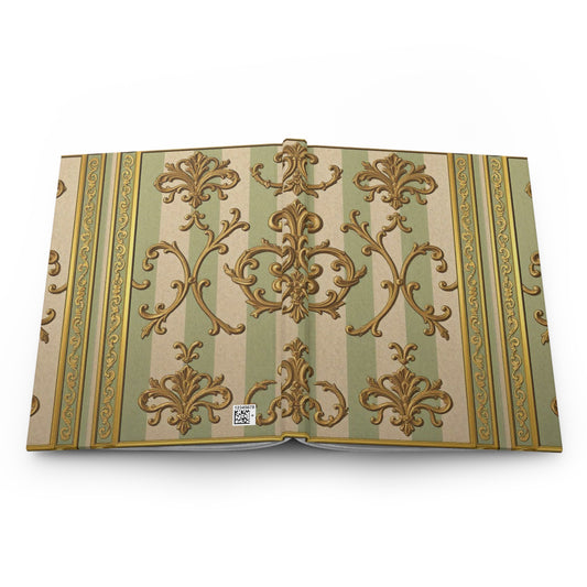 Elegant Vintage Hardcover Journal | Luxury Notebook for Writing, Gift for Writers, Journaling - Mint & Beige Striped Gold Baroque