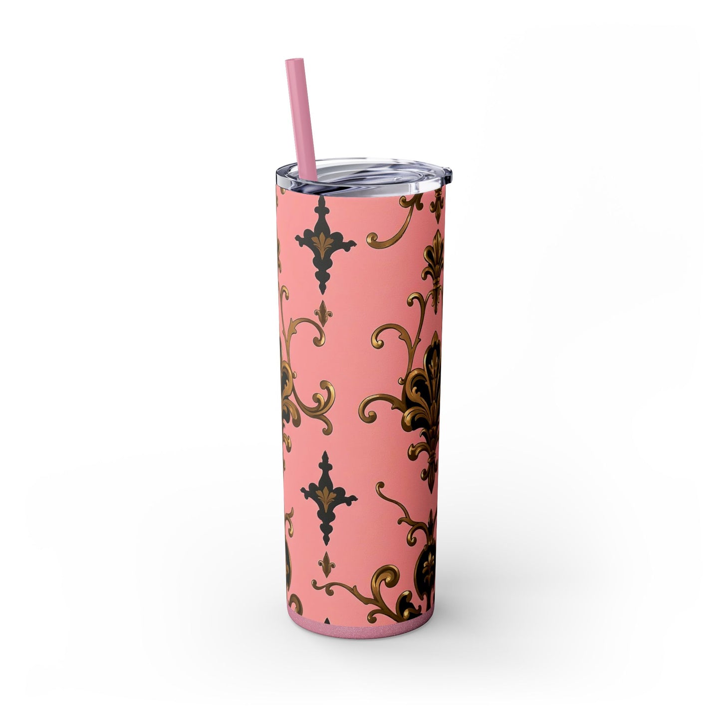 Elegant Pink Damask Skinny Tumbler, 20oz Drinkware, Stylish Reusable Cup, Travel Mug, Gift for Her, Home Decor - Pink, Black & Gold Rococo
