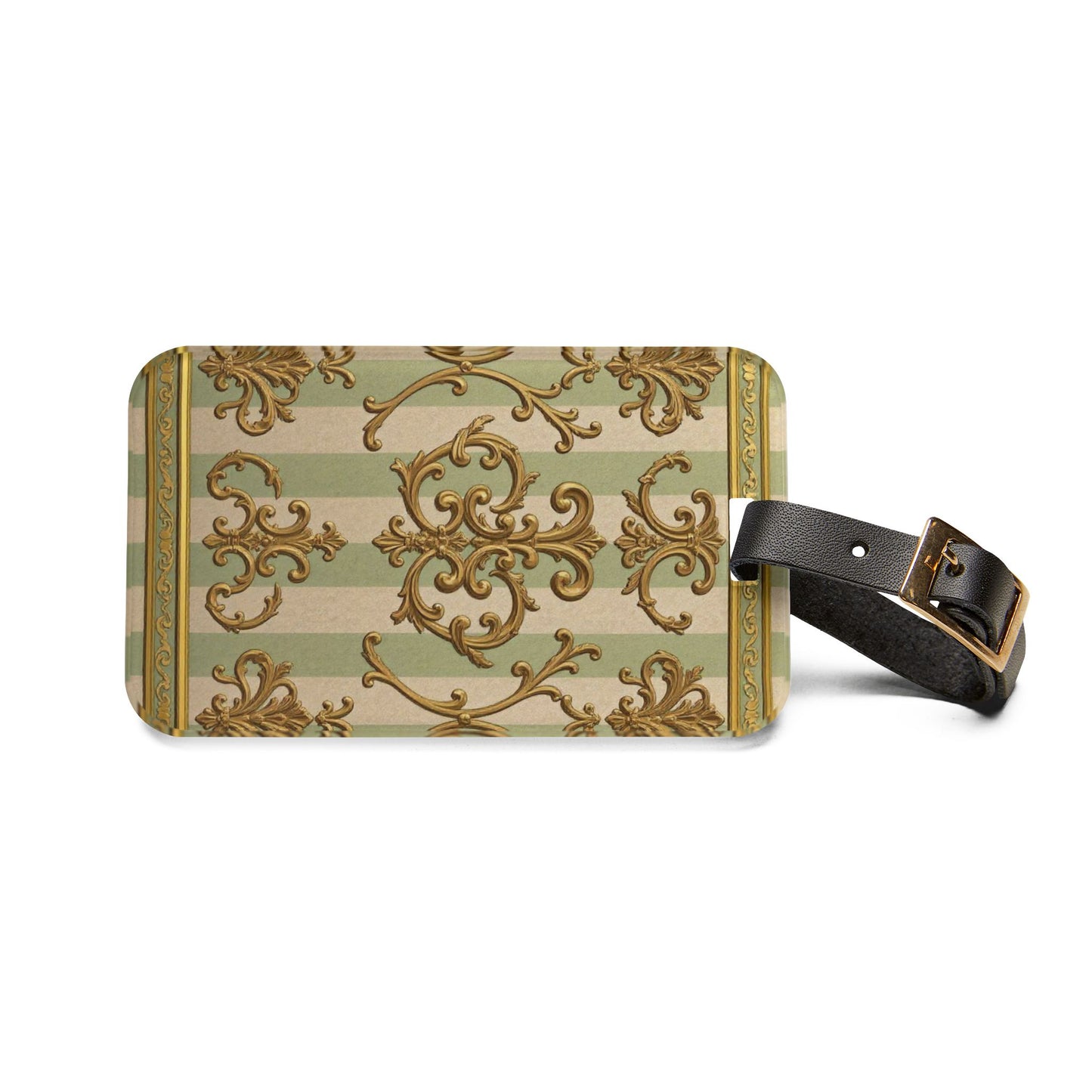 Elegant Vintage Luggage Tag - Travel Accessory, Personalized Baggage Tag, Gift for Travelers - Mint & Beige Striped Gold Baroque