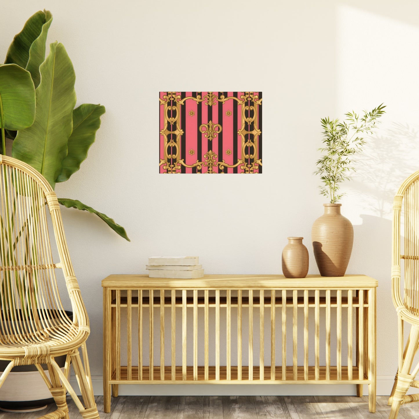 Elegant Decorative Foam Board - Chic Wall Decor, Glam Home Art, Stylish Backdrop, Gift for Her - Pink & Black Striped Gold Baroque