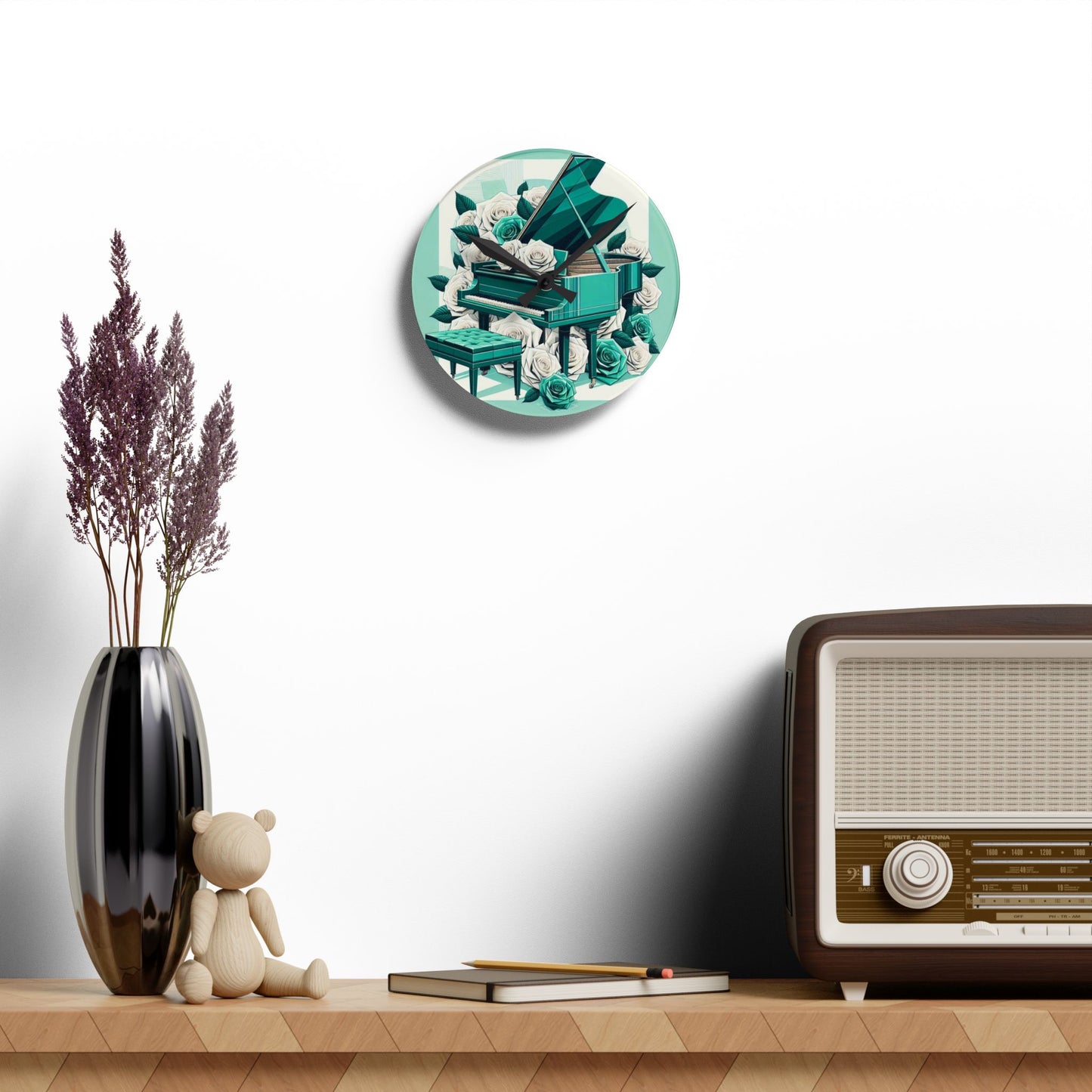 Elegant Aqua Piano and Roses Acrylic Wall Clock - Perfect Gift for Music Lovers