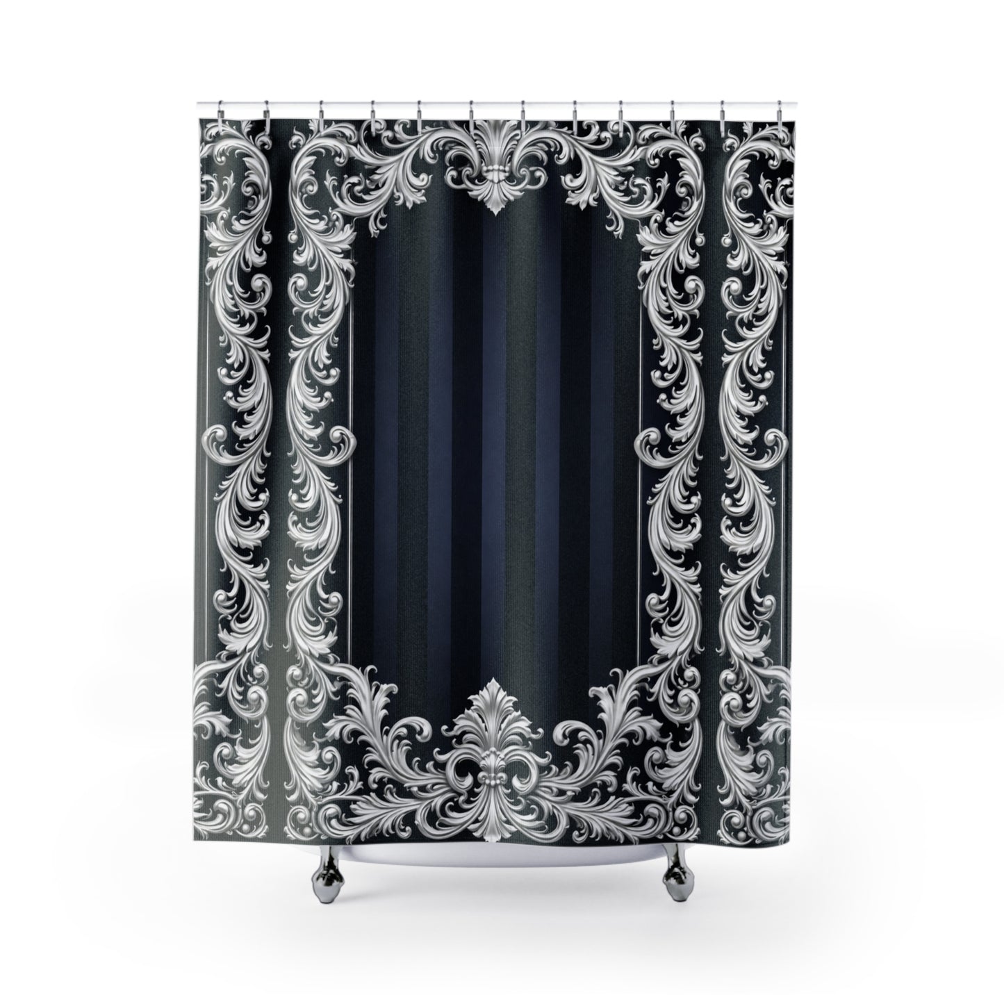 Navy Stripes & Baroque Shower Curtain — Elegant Navy Striped Bath Curtain with Ornate Silver Frame