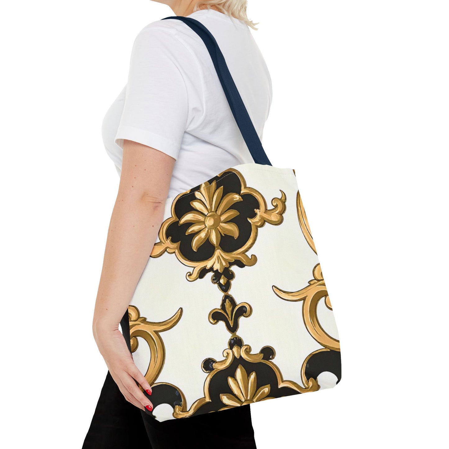 Elegant Floral Tote Bag | Stylish Reusable Bag for Everyday Use, Gift for Her, Shopping, Beach, Travel, Eco-Friendly - Black & Gold Rococo