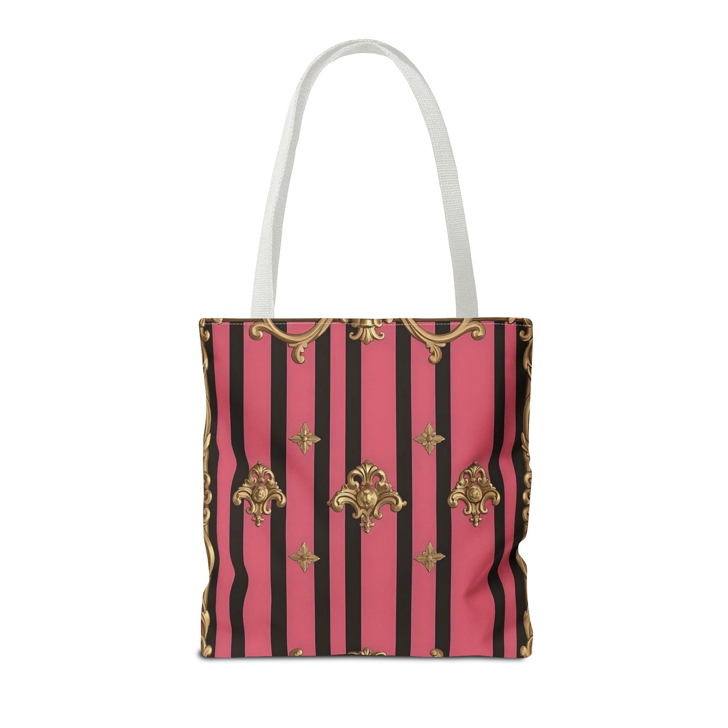 Chic Floral Tote Bag - Elegant Reusable Shopping Bag, Fashion Accessory, Gift for Her, Everyday Use, Eco-Friendly - Pink Striped Gold Rococo