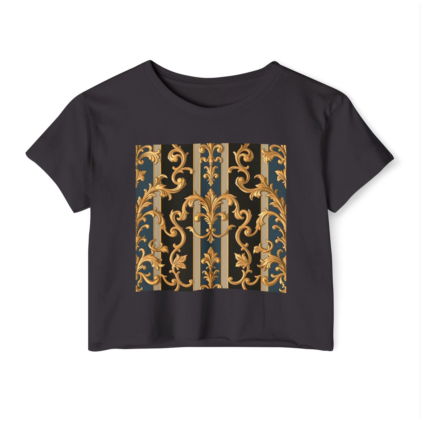Women’s Festival Crop Top with Stylish Floral Pattern - Summer Outfit, Boho Chic, Concert Wear - Blue & Black Striped Rococo