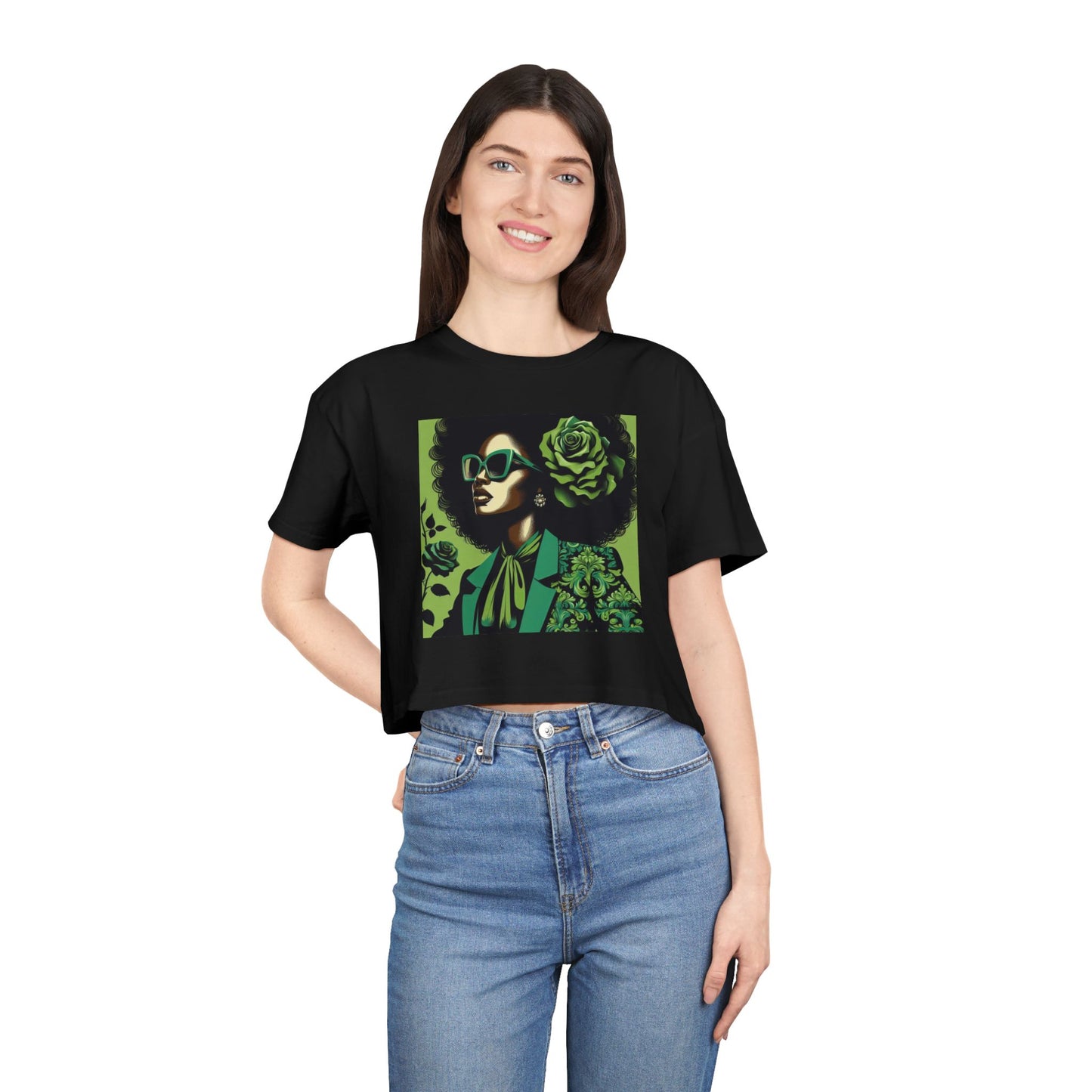 Stylish Women's Crop Tee with Damask Design | Trendy Summer Top, Afro Crop Shirt, Casual Wear, Gift for Her - Lady in Green Damask