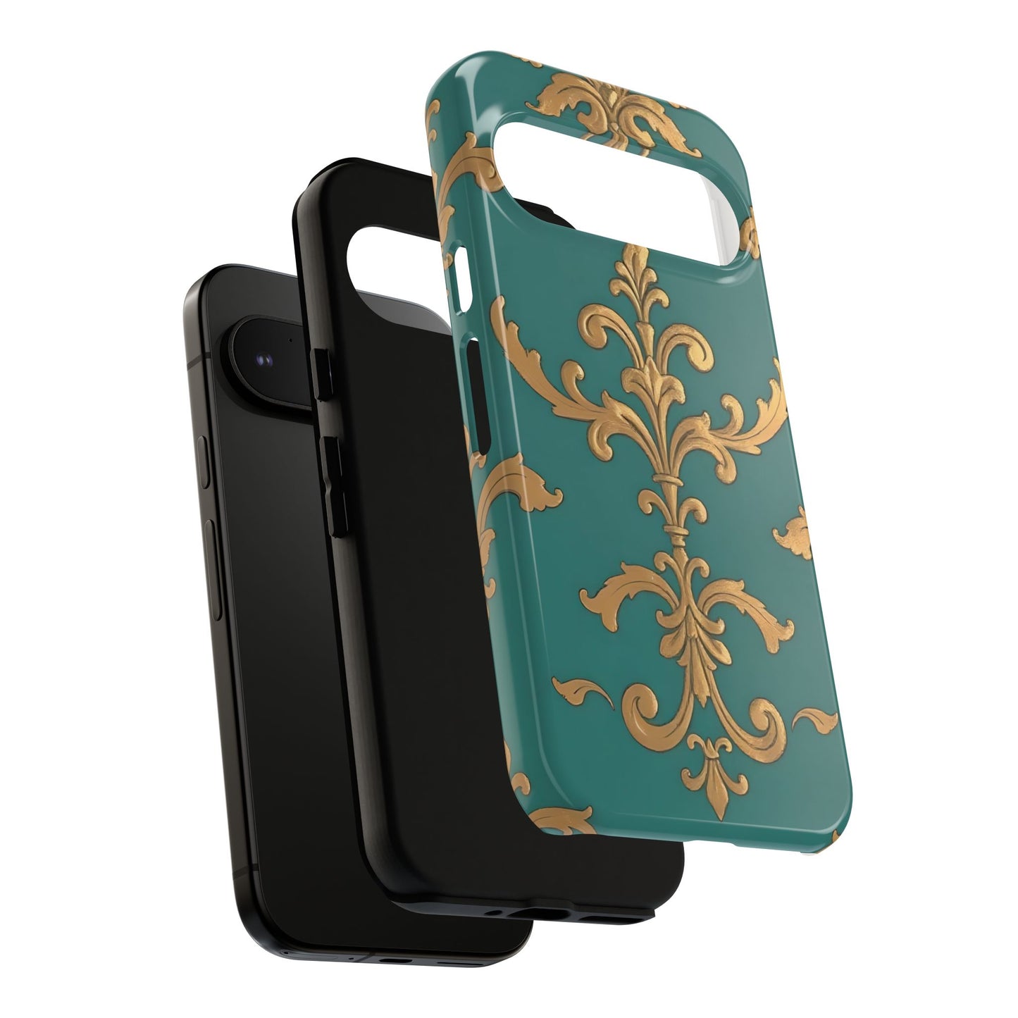 Elegant Floral Motif Phone Case - Tough Cases with Vintage Design - Aqua & Gold Damask