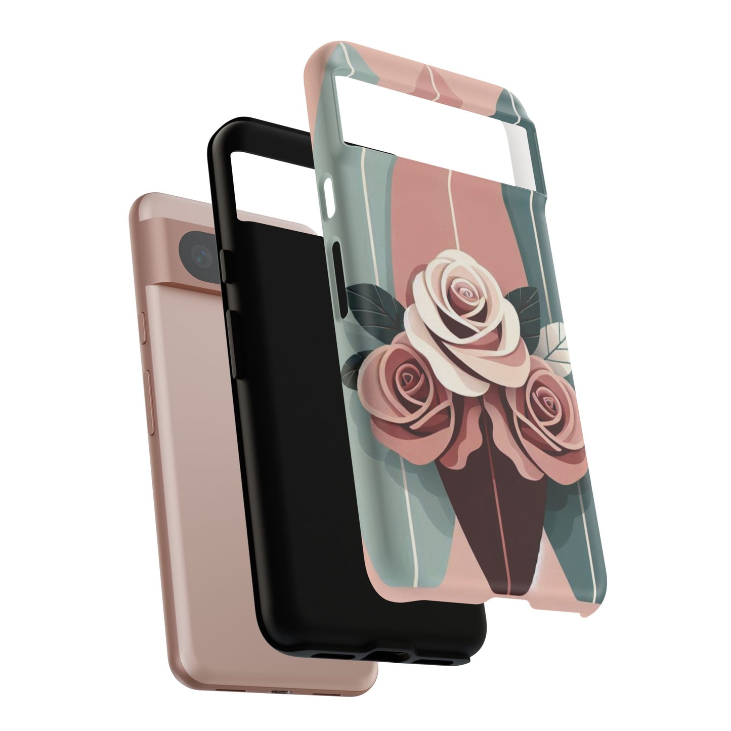 Phone Case - Burgundy, Matte Mauve & Teal Surfboard & Roses Design
