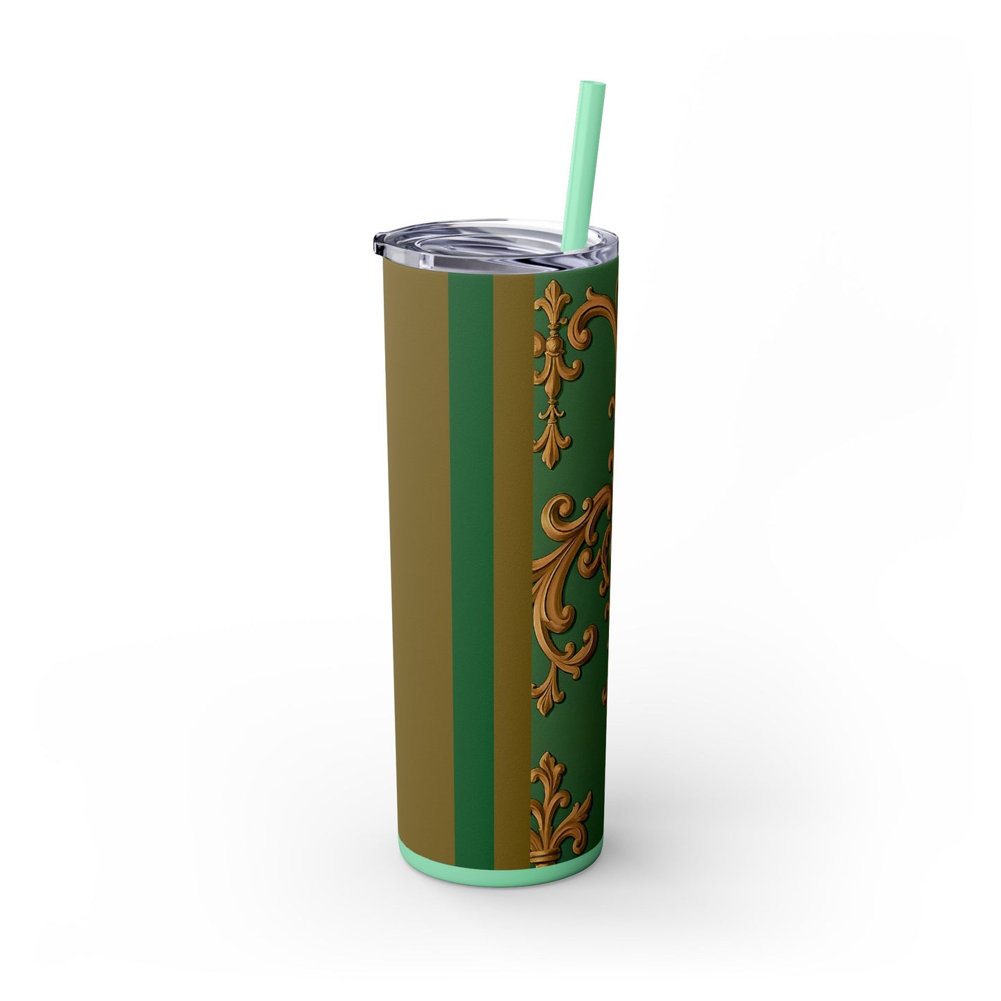 Elegant Green Pattern Skinny Tumbler with Straw, Stylish Drinkware, Gift for Her, Travel Mug, Home Decor, Floral Design - Olive Green Striped Rococo