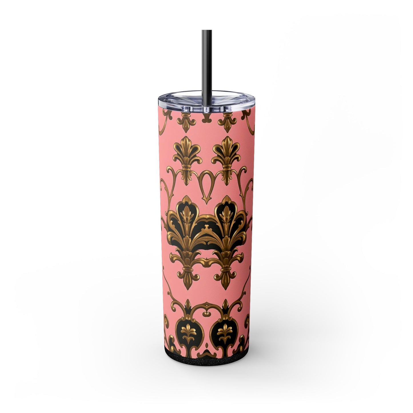 Elegant Pink Damask Skinny Tumbler, 20oz Drinkware, Stylish Reusable Cup, Travel Mug, Gift for Her, Home Decor - Pink, Black & Gold Rococo