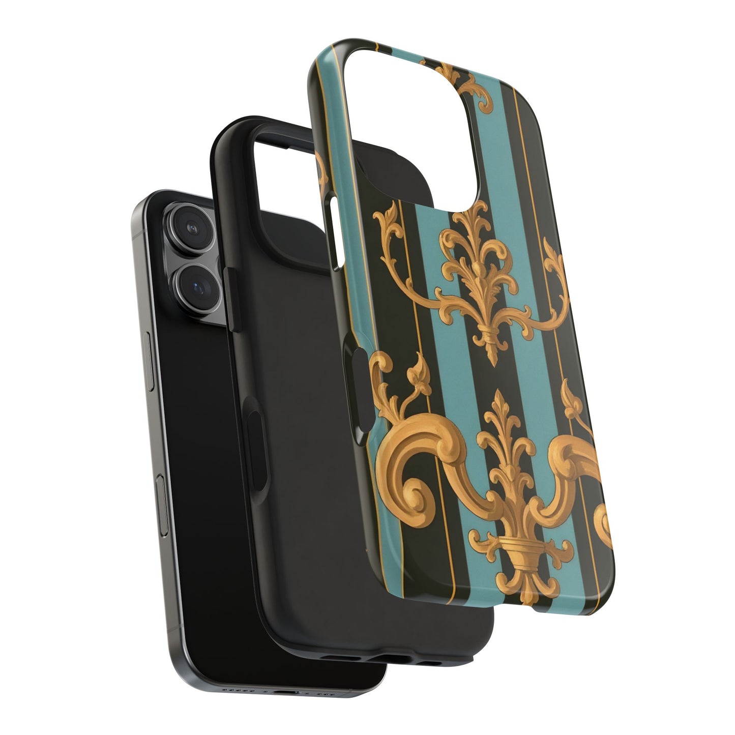 Elegant Baroque Tough Phone Case, Stylish Phone Cover, Durable iPhone Case, Unique Gift - Black & Turquoise Striped Baroque
