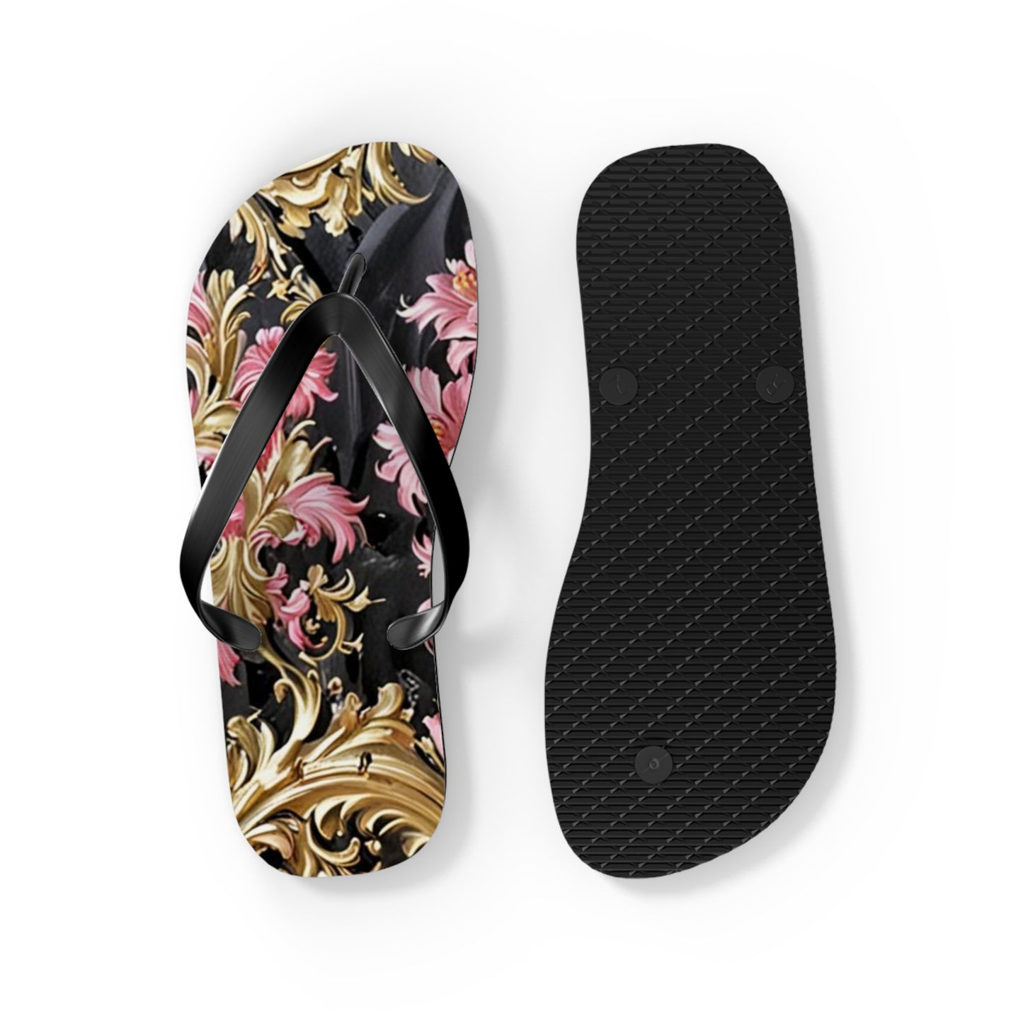 Elegant Floral Flip Flops - Summer Footwear, Beach Sandals, Vacation Accessories, Travel Essentials - Black & Pink Oil Painting Style Rococo