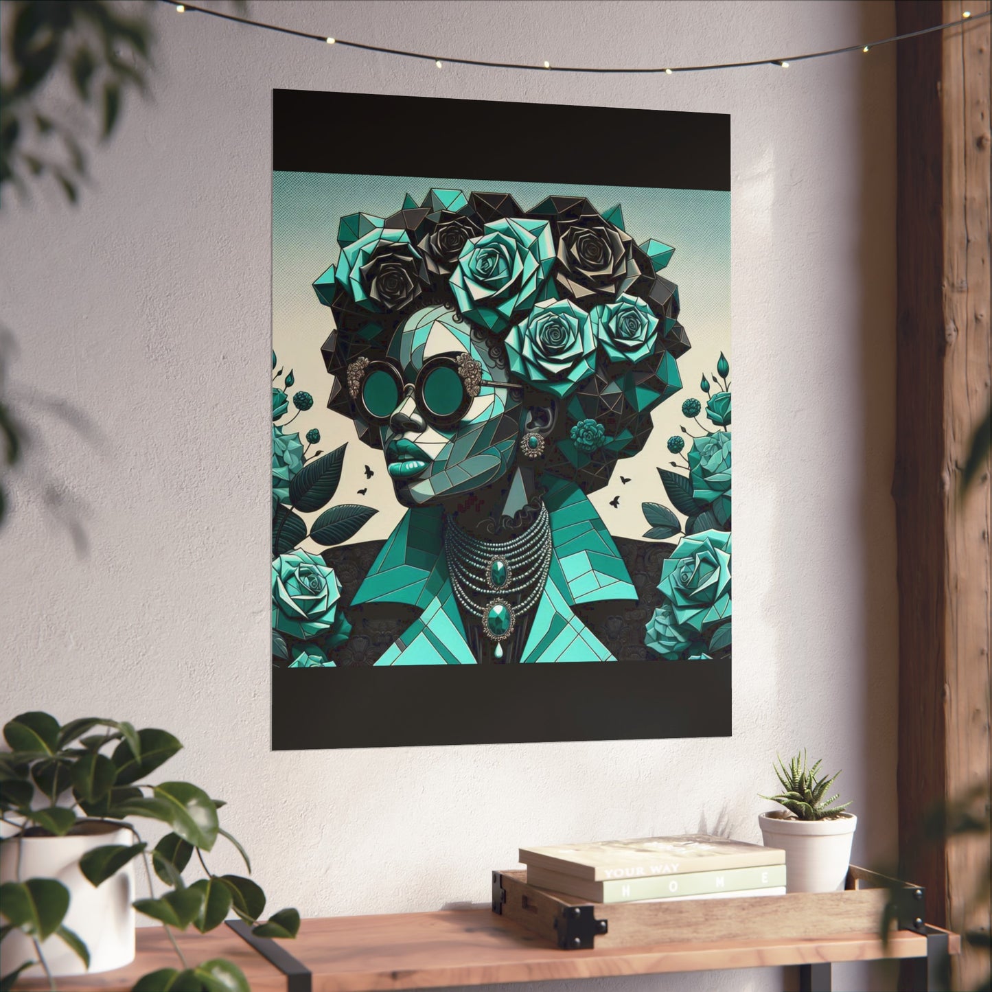 Chic Floral Fine Art Poster | Modern Wall Decor, Home Aesthetic, Gift for Art Lovers, Unique Room Makeover - Turquoise & Black Roses Lady